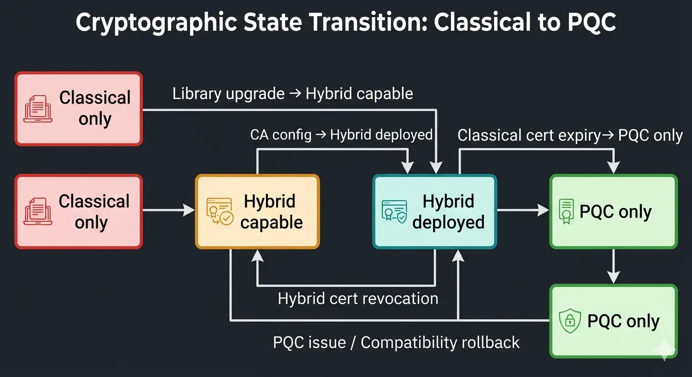 Figure 2. PQC migration state machine. Organisations move from 'Classical only' (red) through 'Hybrid capable' (amber) and 'Hybrid deployed' (teal) to 'PQC only' (green). Each transition is triggered by a specific operational activity — library upgrade, CA configuration change, or natural expiry of classical certificates — not a big-bang cutover.