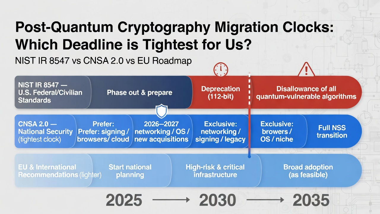 Four-phase enterprise PQC roadmap: Phase 0 foundation through 2026 (inventory, test CA, hybrid key exchange, HSM roadmap); Phase 1 internal PKI 2027–2028; Phase 2 external hybrid and IoT 2028–2030; Phase 3 legacy retirement 2030–2035 ending at NIST 2035 disallowance.