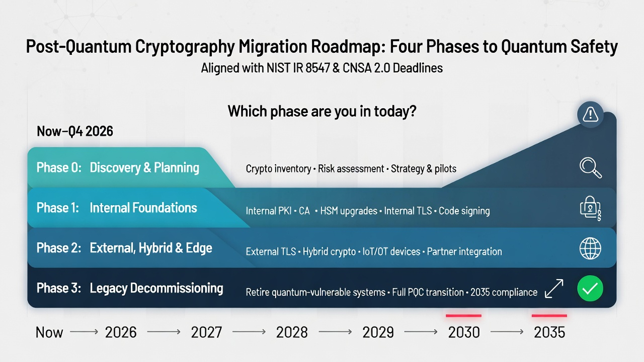 Overlapping timelines from 2025 to 2035: NIST IR 8547 milestones (2030 deprecation of 112-bit public-key and symmetric strength, 2035 disallowance of quantum-vulnerable PKI), CNSA 2.0 (2027 NSS acquisition compliance, 2030 networking and firmware signing exclusive use, 2033 exclusive algorithm use for browsers, OS, and legacy), and a lighter band for EU and allied guidance converging toward PQC.