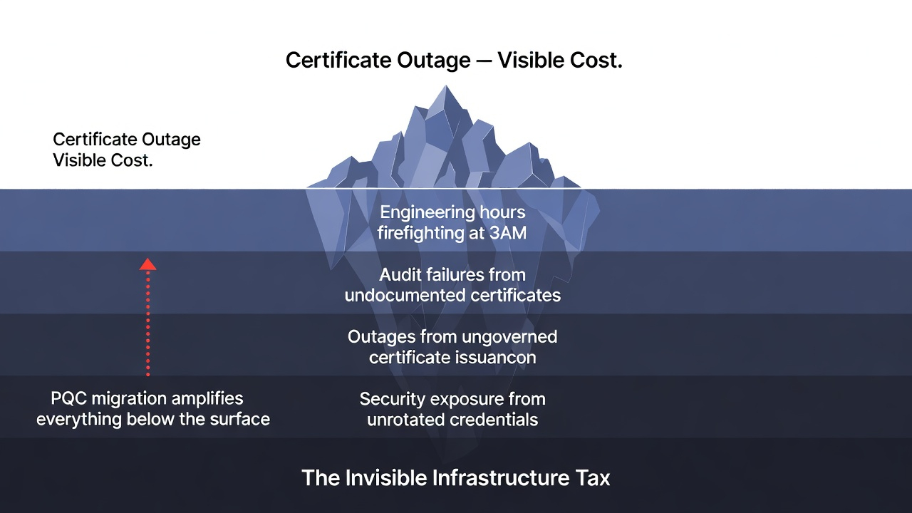 Diagram showing the invisible infrastructure tax: hidden costs of certificate mismanagement compounding into outages, audit failures, and 3AM engineering crises