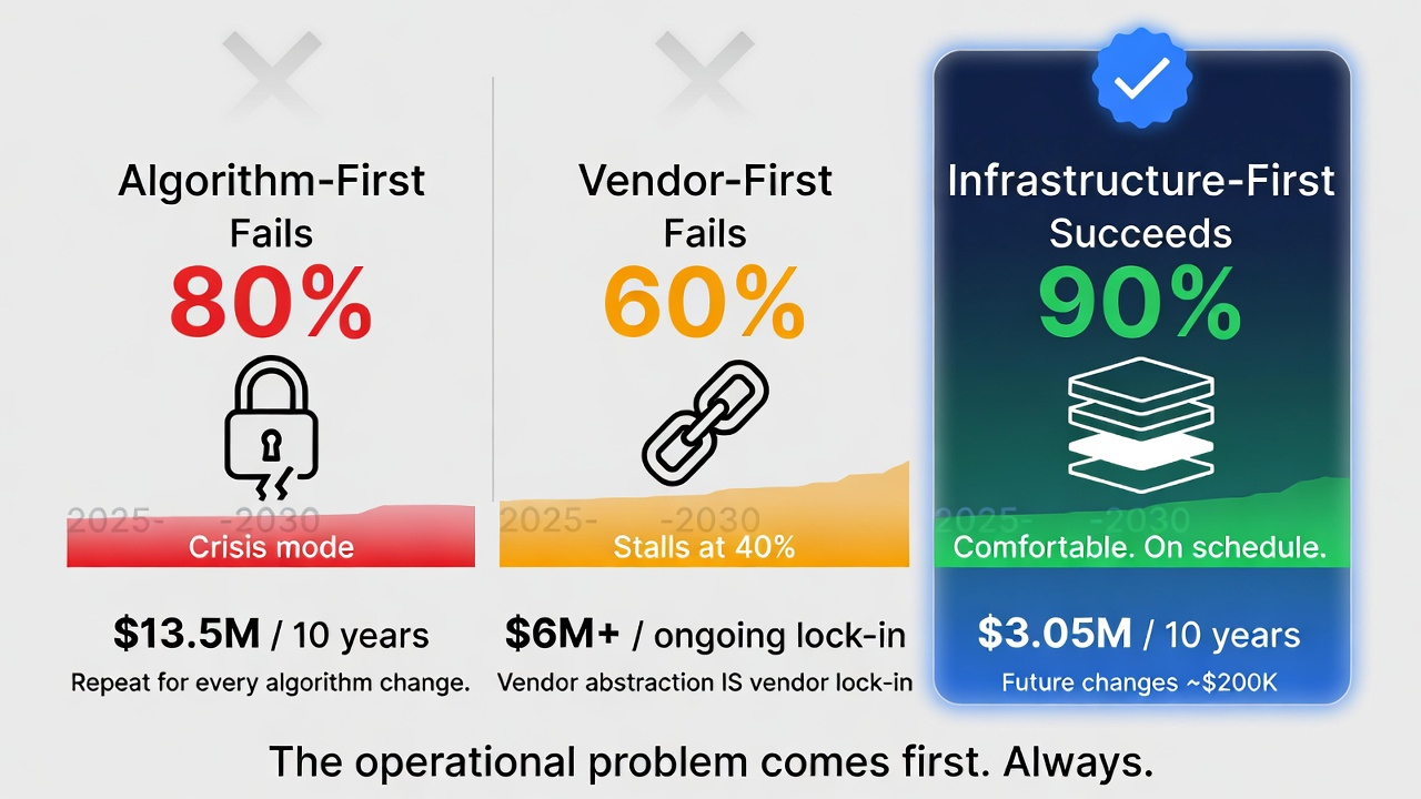 Comparison diagram of three PQC migration approaches: algorithm-first fails 80% costing $13.5M over 10 years, vendor-first fails 60%, infrastructure-first succeeds 90% costing $3.05M over 10 years
