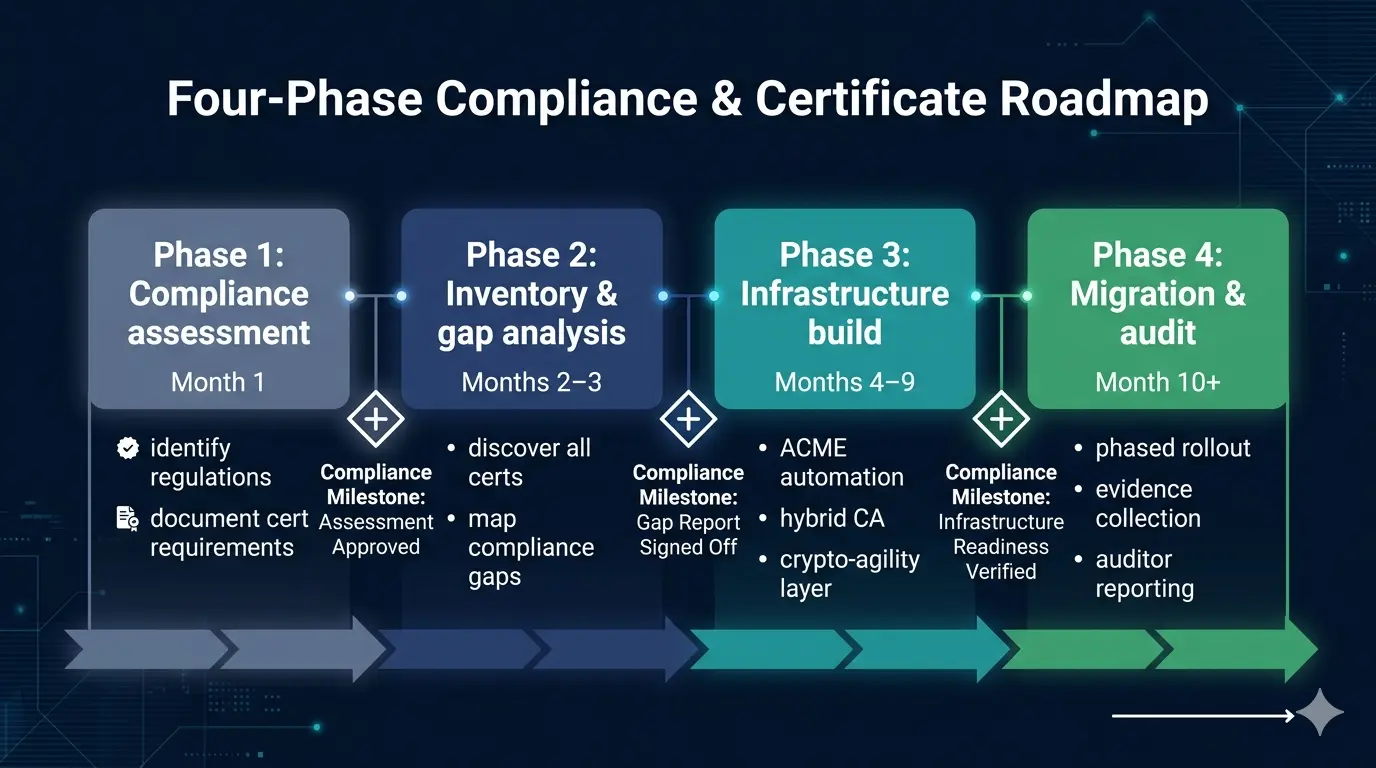 Figure 2. Compliance-driven PQC migration roadmap. Four phases on a horizontal timeline: Month 1 (Compliance assessment — identify regulations, document cert requirements); Months 2–3 (Inventory & gap analysis — discover all certs, map compliance gaps); Months 4–9 (Infrastructure build — ACME automation, hybrid CA, crypto-agility layer); Month 10+ (Migration & audit — phased algorithm rollout, evidence collection, auditor reporting). Each phase has a compliance milestone marker. Dark background, teal phase bars, white labels.