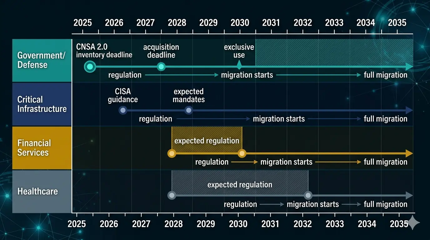 Figure 1. PQC regulatory timeline by industry sector (2025–2035). Four horizontal swim-lanes: Government/Defense (CNSA 2.0 mandatory — inventory 2025, acquisition deadline 2027, exclusive use 2030); Critical Infrastructure (CISA guidance 2026, expected mandates 2028); Financial Services (expected regulation 2028–2030); Healthcare (expected regulation 2028–2032). Each lane shows 'regulation expected', 'migration starts', and 'full migration' markers. Dark background, teal/navy/amber/slate lane colors, white labels.