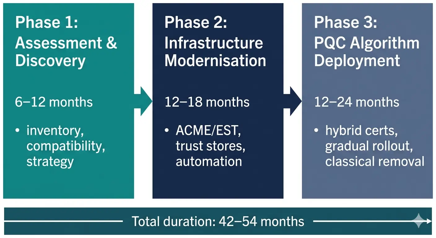 Figure 2. The three-phase enterprise PQC migration roadmap. Most large organisations need 42–54 months: Phase 1 (6–12 months) for assessment and discovery, Phase 2 (12–18 months) for infrastructure modernisation — the long pole — and Phase 3 (12–24 months) for algorithm deployment and classical algorithm removal.