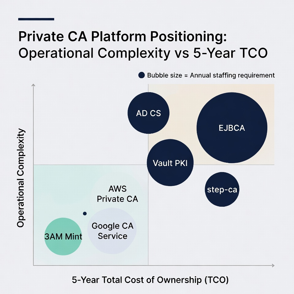 Platform positioning: operational complexity vs five-year total cost. Bubble size = staffing requirement. Self-managed CAs cluster upper-right; managed services and 3AM Mint lower-left.