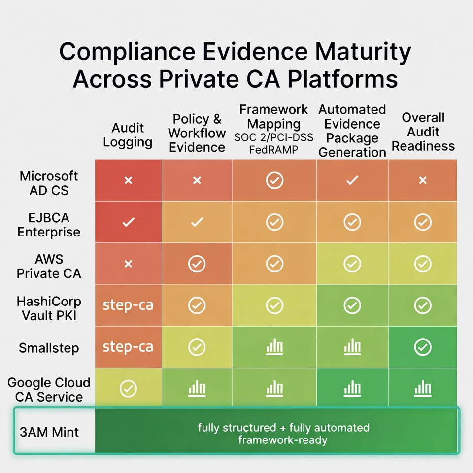 Compliance evidence matrix across seven platforms: automated logging, framework mapping, and audit package generation — from manual assembly (crimson) to structured and automated (green).