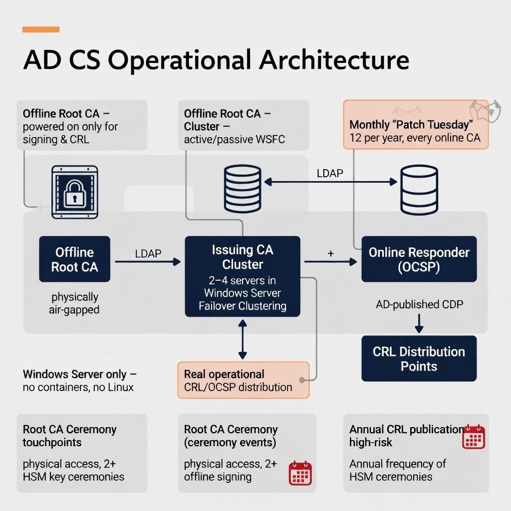 AD CS operational architecture: offline root CA, issuing CA cluster, Online Responder, and CRL/OCSP distribution — annotated with annual operational touchpoints and Windows Patch Tuesday exposure windows.