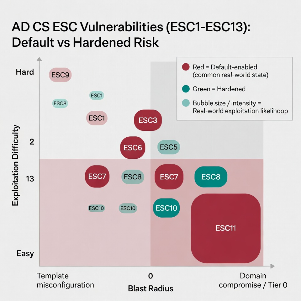 AD CS ESC vulnerability risk matrix (ESC1–ESC13): enabled-by-default versus hardened configurations, exploitation difficulty, and blast radius — from template misconfiguration to domain compromise.
