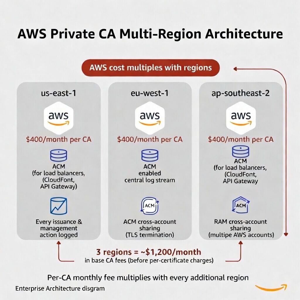 AWS PCA architecture: multi-region CA deployment with CloudTrail logging, ACM integration, RAM cross-account sharing, and cert-manager — cost implications annotated per region, showing per-CA monthly fees multiplying across regions.