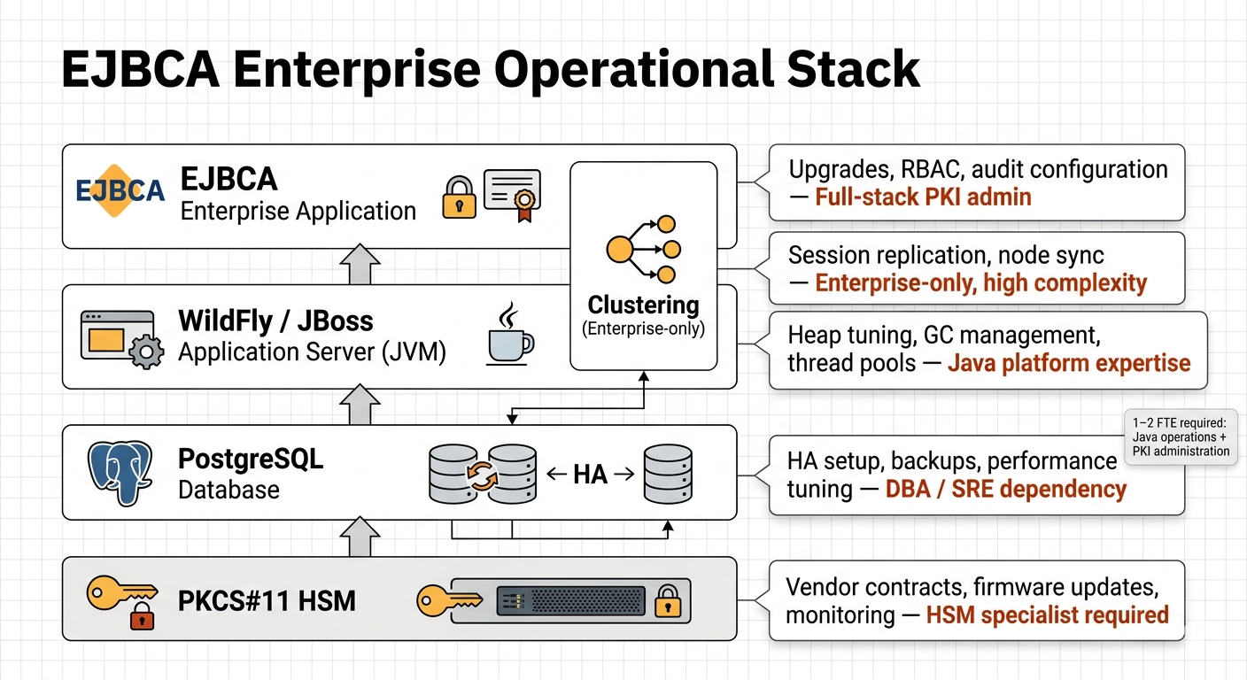 EJBCA Enterprise operational stack: WildFly application server, PostgreSQL database, PKCS#11 HSM, and clustering components — annotated with operational risk points and staffing dependencies for each layer.