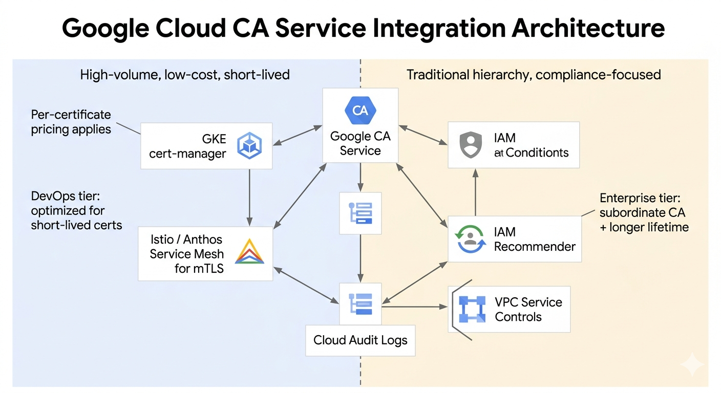 Google CA Service integration map: GKE cert-manager, Istio mTLS, Cloud Audit Logs, IAM Conditions, and VPC Service Controls — annotated with DevOps vs Enterprise tier boundaries and per-certificate pricing impact.