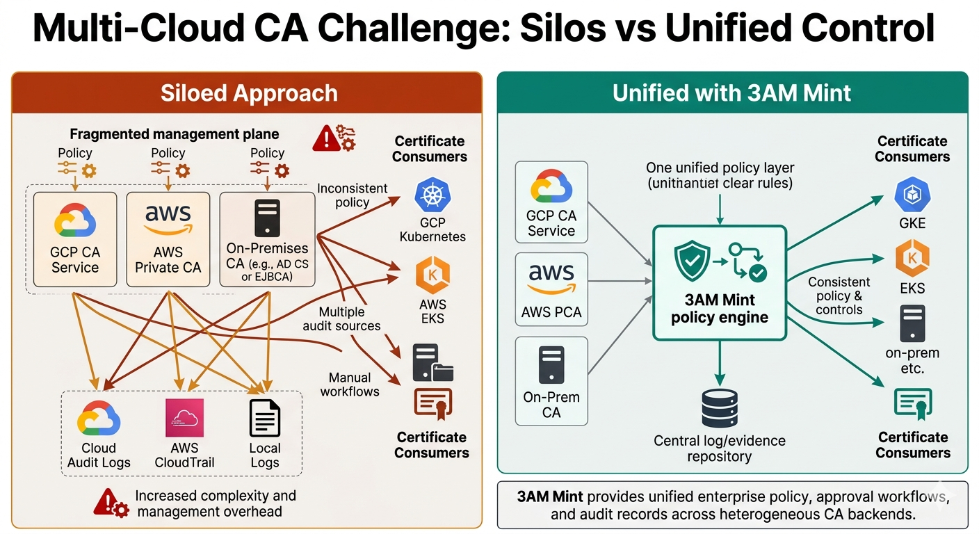 Multi-cloud CA challenge: separate CA silos across GCP CA Service, AWS PCA, and on-premises — versus 3AM Mint unified policy engine with single CloudTrail-equivalent audit trail across all environments.