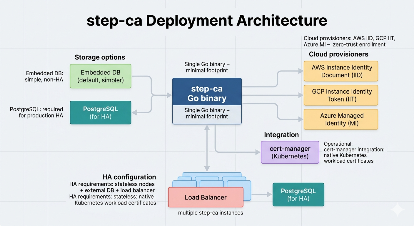 step-ca deployment architecture: single Go binary with embedded or PostgreSQL storage, cloud provisioners (AWS IID, GCP IIT, Azure MI), and cert-manager integration — annotated with HA requirements and key management options.
