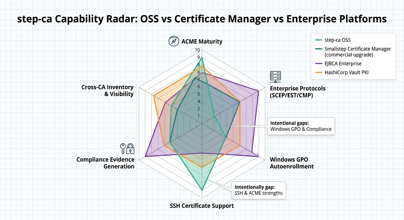 step-ca capability radar: ACME maturity, enterprise protocols, Windows GPO support, SSH certificates, compliance evidence, and cross-CA inventory — OSS versus Certificate Manager versus EJBCA and Vault PKI.
