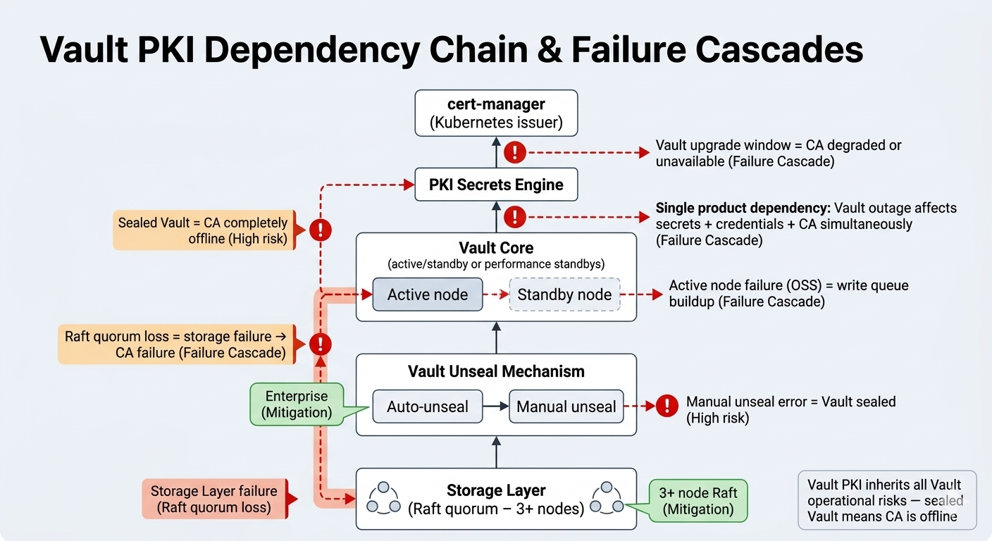 Vault PKI dependency chain: unseal mechanism, Raft quorum, PKI secrets engine, and cert-manager integration — with failure cascade paths showing how a sealed Vault or storage quorum loss brings the CA offline.