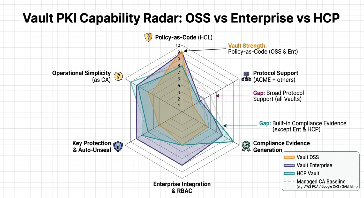 Vault PKI capability comparison: OSS vs Enterprise vs HCP Vault across policy-as-code, protocol support, compliance evidence, enterprise integration, and key protection — with managed CA baseline overlay.