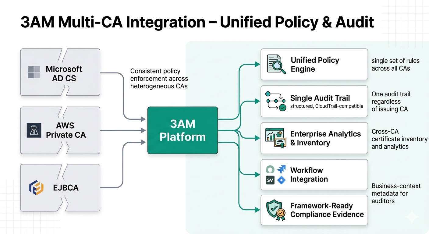 3AM platform — cross-CA integration: AD CS, AWS PCA, and EJBCA as CA sources converging into a unified policy engine, producing a single CloudTrail-compatible audit trail, enterprise analytics, and ServiceNow/Jira workflow integration.