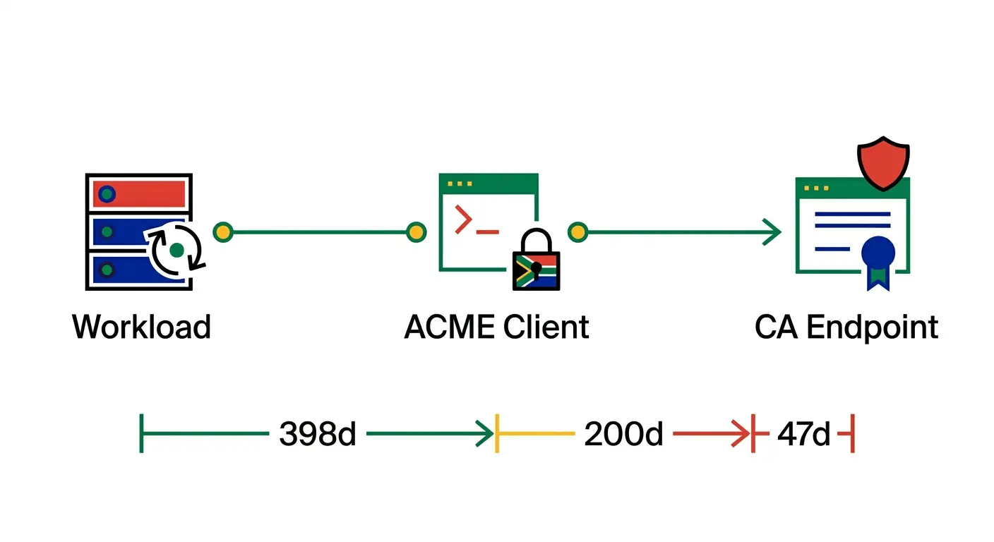 The CA/Browser Forum SC-081v3 phasing toward 47-day public TLS validity by 2029 makes ACME automation non-optional. Manual operations cannot serve a 33-renewals-per-day cadence at 1,000-certificate scale.