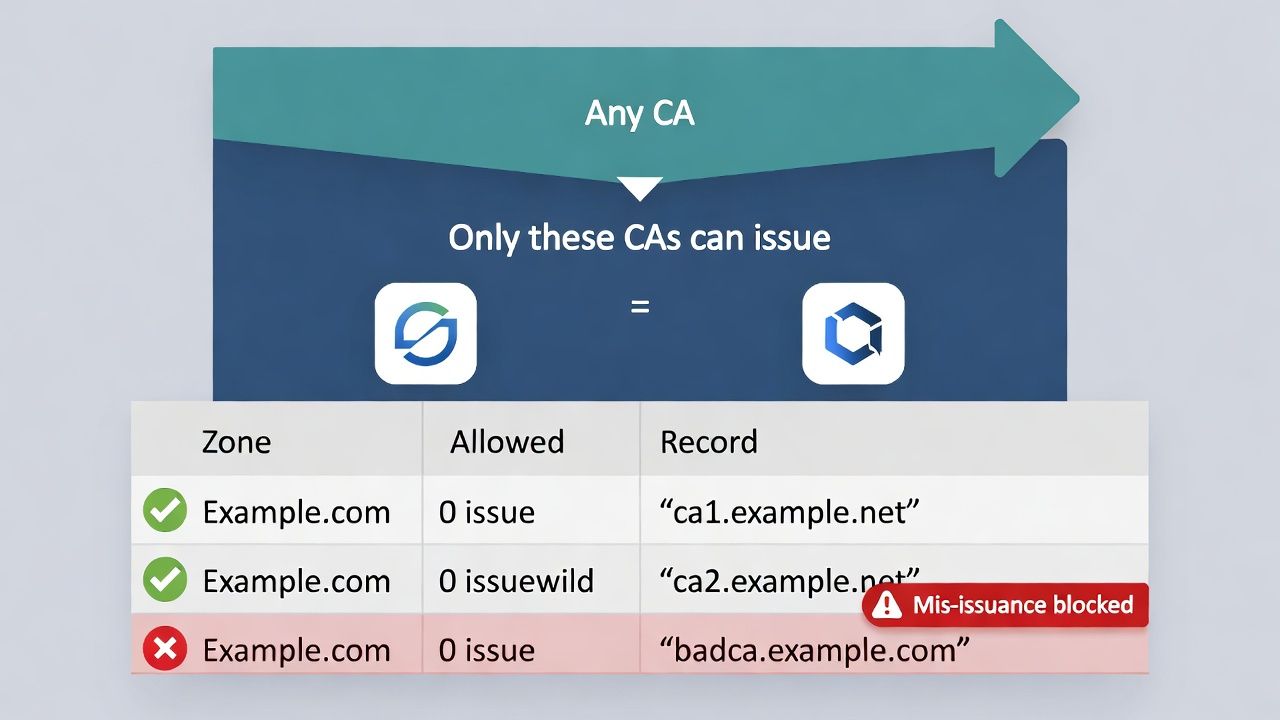 CAA at the DNS control plane: explicitly listing which certificate authorities may issue for your zone.