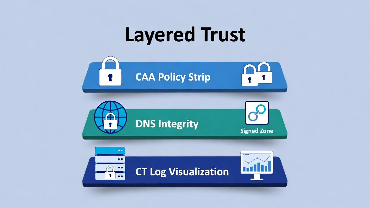 Defence in depth: CAA policy, DNS integrity (including DNSSEC where it matters), and CT monitoring as one trust strategy.