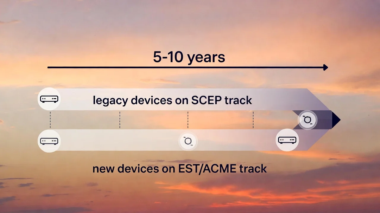Coexistence and migration: modern enrollment alongside SCEP, staged cutover, and exceptions for devices that cannot upgrade.