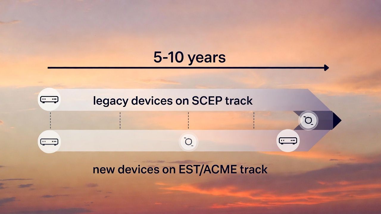Coexistence and migration: modern enrollment alongside SCEP, staged cutover, and exceptions for devices that cannot upgrade.