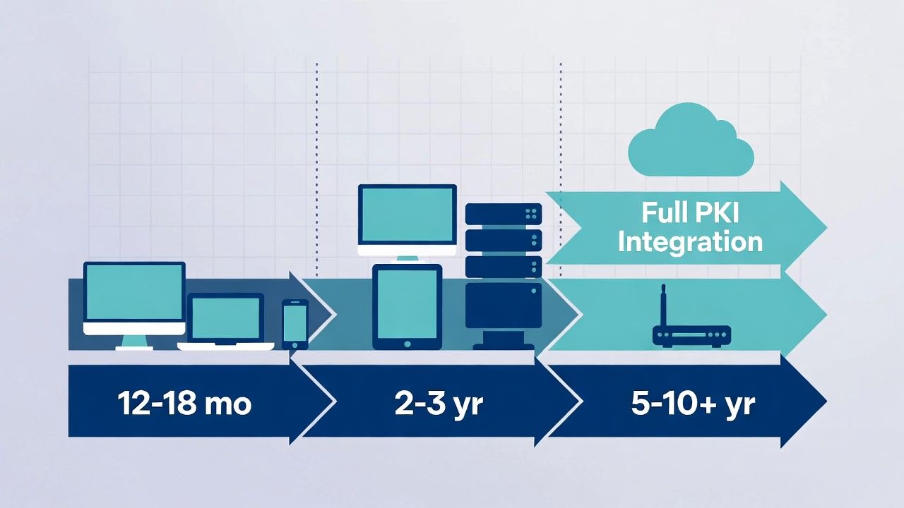 Fast MDM tracks versus multi-year device fleets—healthcare migration runs on three speeds at once.