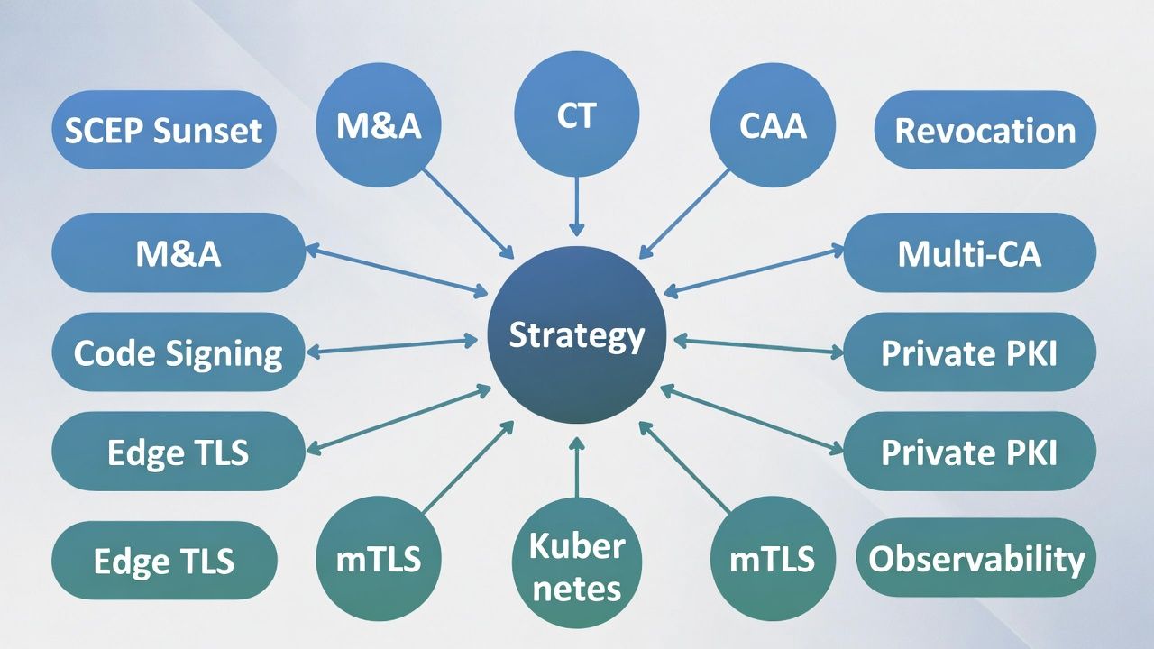 Twelve strategic dimensions of PKI treated as one system—dimensions that mature teams connect instead of solving in silos.