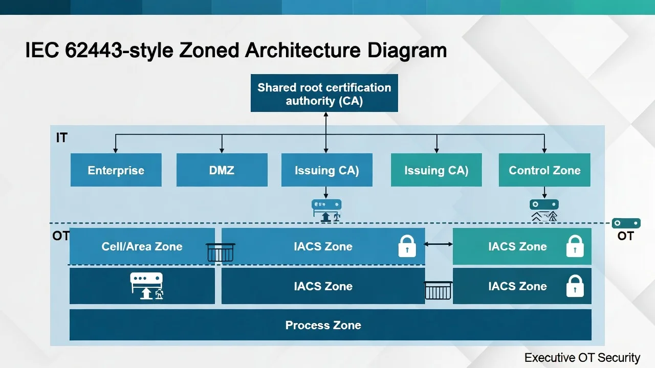 IT/OT convergence with a shared root but separate issuers—production uptime trumps centralised convenience.