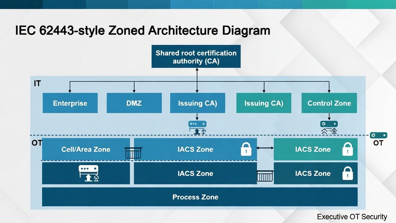 IT/OT convergence with a shared root but separate issuers—production uptime trumps centralised convenience.