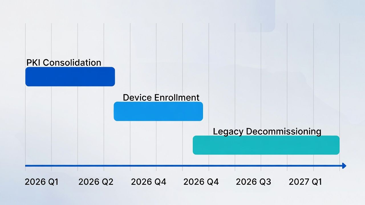 A realistic manufacturing timeline—IT first, then years of OT integration aligned to outages and re-certification.