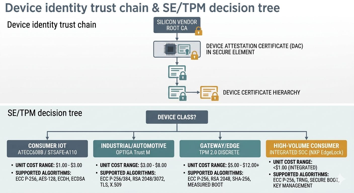Device identity trust chain: silicon vendor root CA → device attestation certificate (DAC) in secure element → device certificate hierarchy — with SE/TPM selection decision tree showing ATECC608B, OPTIGA Trust M, STSAFE-A110, and CryptoAuthentication parts by use case.