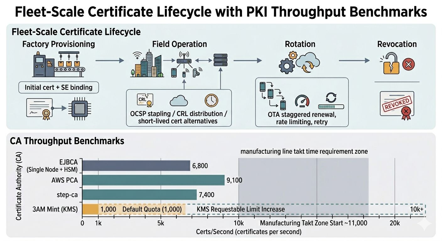 Fleet-scale certificate lifecycle: factory provisioning → field rotation → revocation — annotated with OCSP stapling, CRL distribution, and monitoring touchpoints. PKI throughput benchmarks: certificates/second for EJBCA, step-ca, AWS PCA, and 3AM Mint at manufacturing line rates.