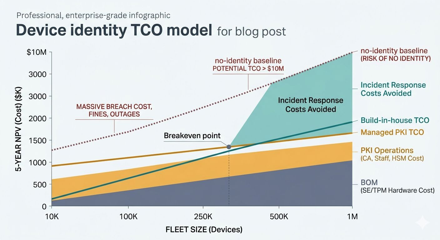 Device identity TCO model: per-device BOM cost (SE/TPM $0.50–5.00) plus PKI operations (CA licensing, HSM, staffing) plus incident response avoided — across fleet sizes from 10K to 1M devices, with 5-year NPV comparison of build-in-house vs managed PKI vs no-identity baseline.