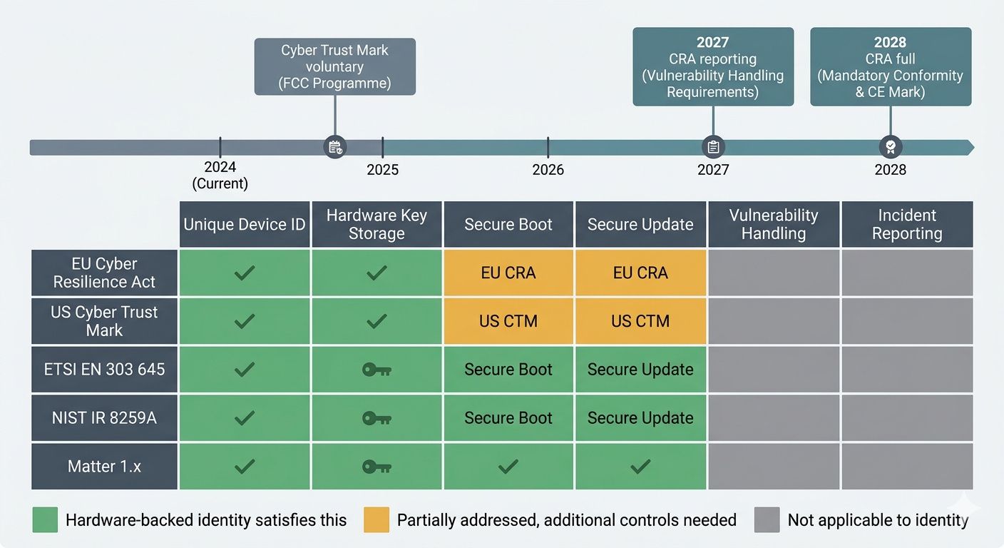 Regulatory compliance mapping: EU Cyber Resilience Act, US Cyber Trust Mark, ETSI EN 303 645, NIST 8259A — which device identity controls satisfy which requirements, with gap analysis showing what hardware-backed identity covers vs what needs additional controls.