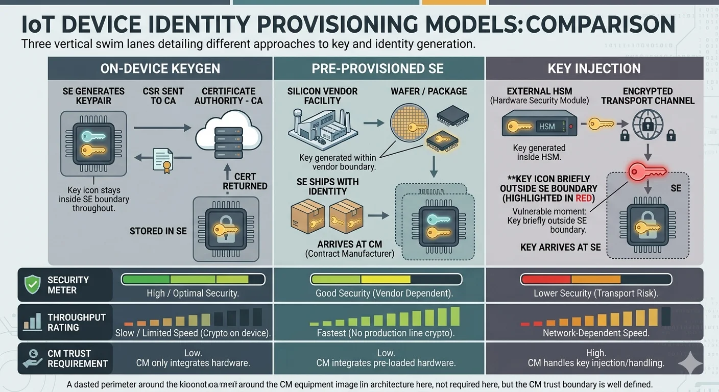 Three provisioning models compared: on-device key generation (key never leaves SE), pre-provisioned secure element (vendor-injected at wafer/package level), and key injection (external HSM generates key, transports to device) — security vs throughput vs supply chain trust trade-offs at each step.