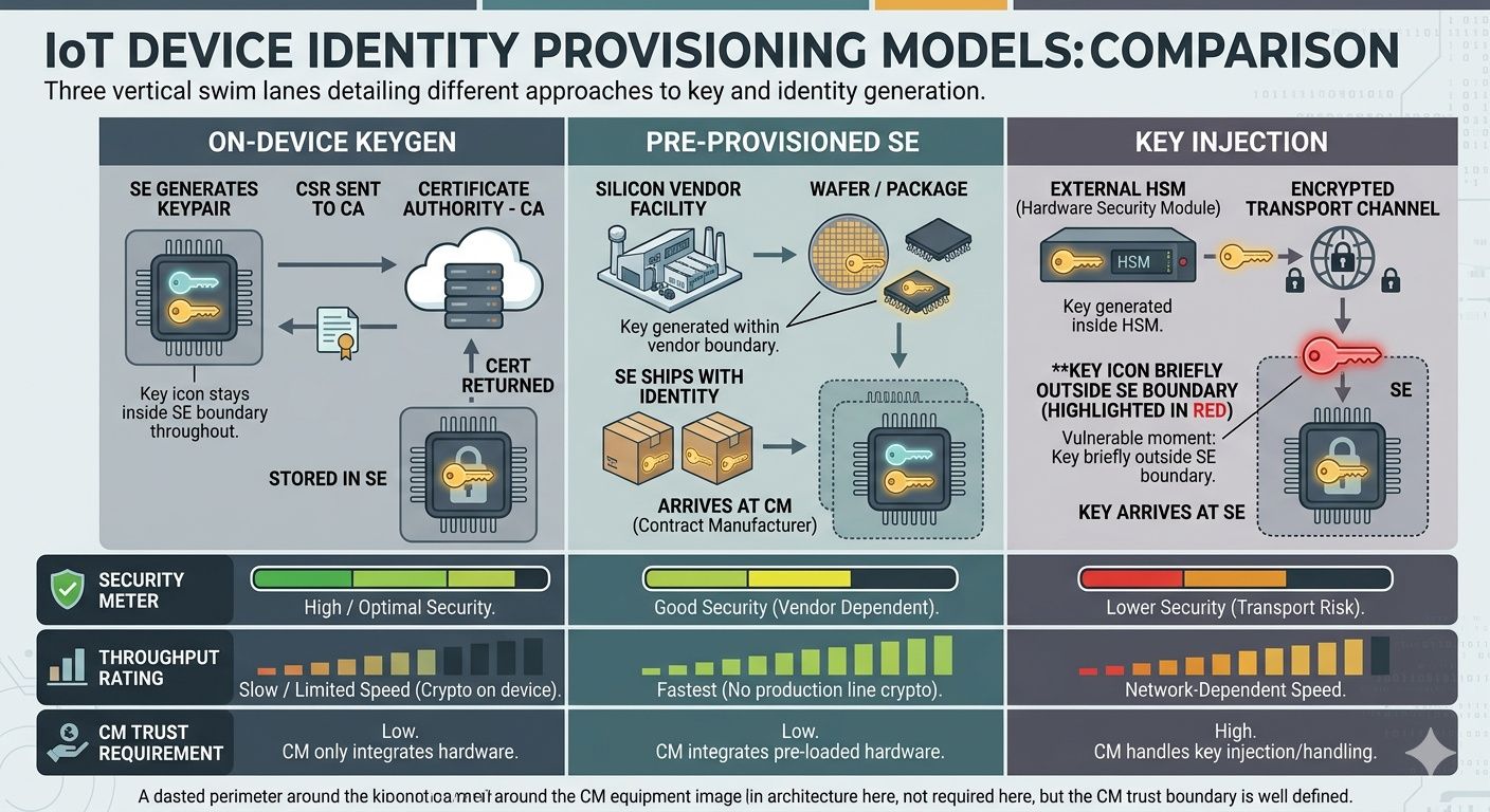 Three provisioning models compared: on-device key generation (key never leaves SE), pre-provisioned secure element (vendor-injected at wafer/package level), and key injection (external HSM generates key, transports to device) — security vs throughput vs supply chain trust trade-offs at each step.