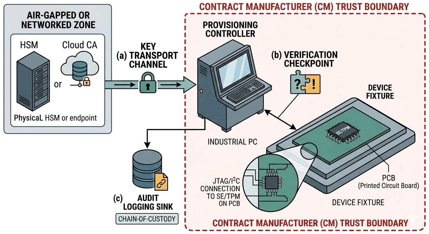 Provisioning station architecture: air-gapped HSM or cloud CA → provisioning controller → device fixture → SE/TPM — annotated with key transport channels, verification checkpoints, and failure handling. Contract manufacturer trust boundary highlighted.