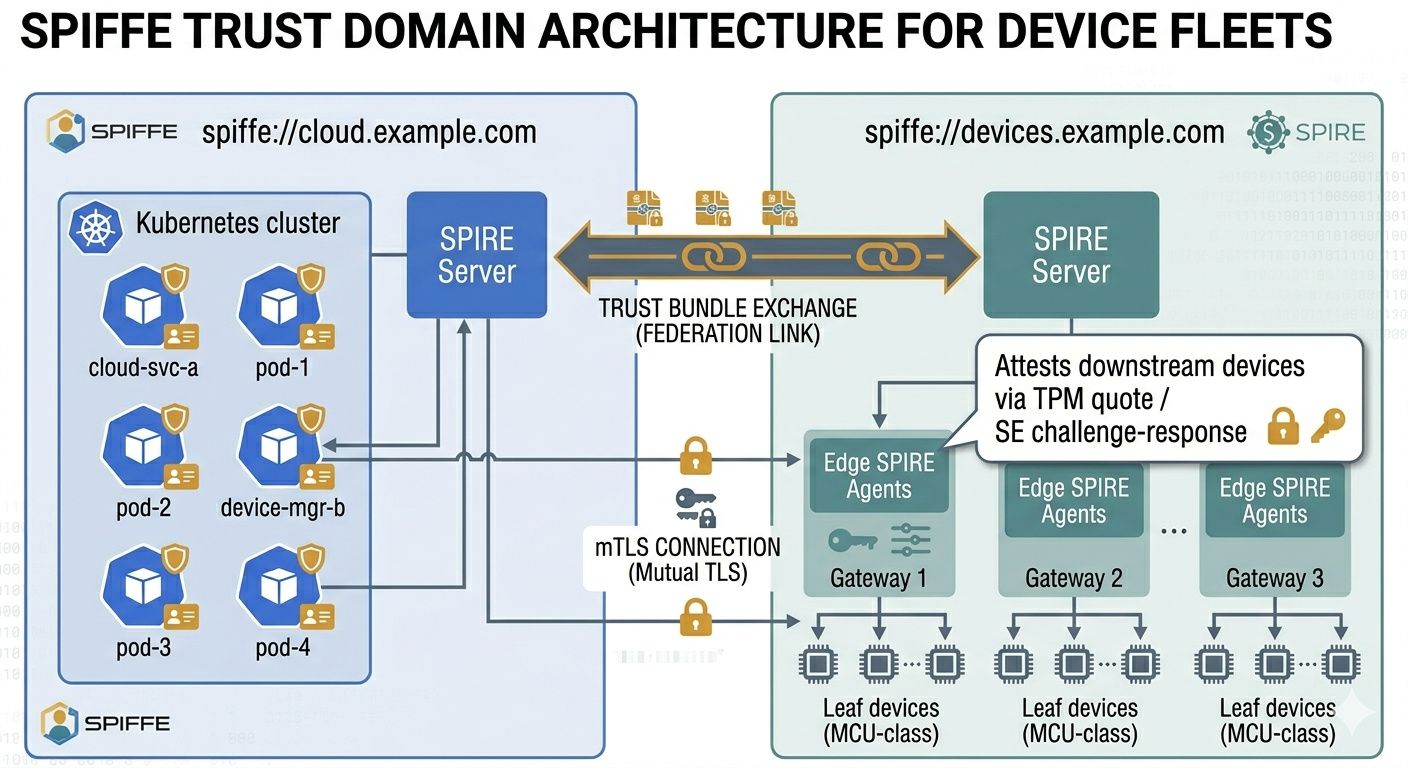 SPIFFE trust domain architecture for device fleets: cloud SPIRE server issuing SVIDs to edge SPIRE agents on gateways, which in turn attest leaf devices using TPM quotes or SE challenge-response — with trust domain federation to enterprise Kubernetes SPIRE for cloud-to-device mTLS.