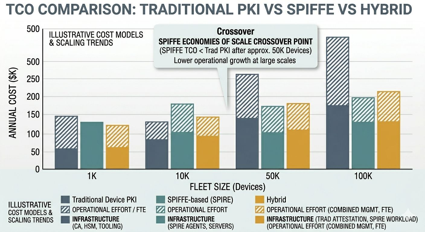 TCO comparison: traditional device PKI (CA + HSM + certificate lifecycle tooling) vs SPIFFE-based identity (SPIRE infrastructure + attestation plugins) vs hybrid model — across fleet sizes from 1K to 100K devices, with operational effort (FTE) and infrastructure cost separated.