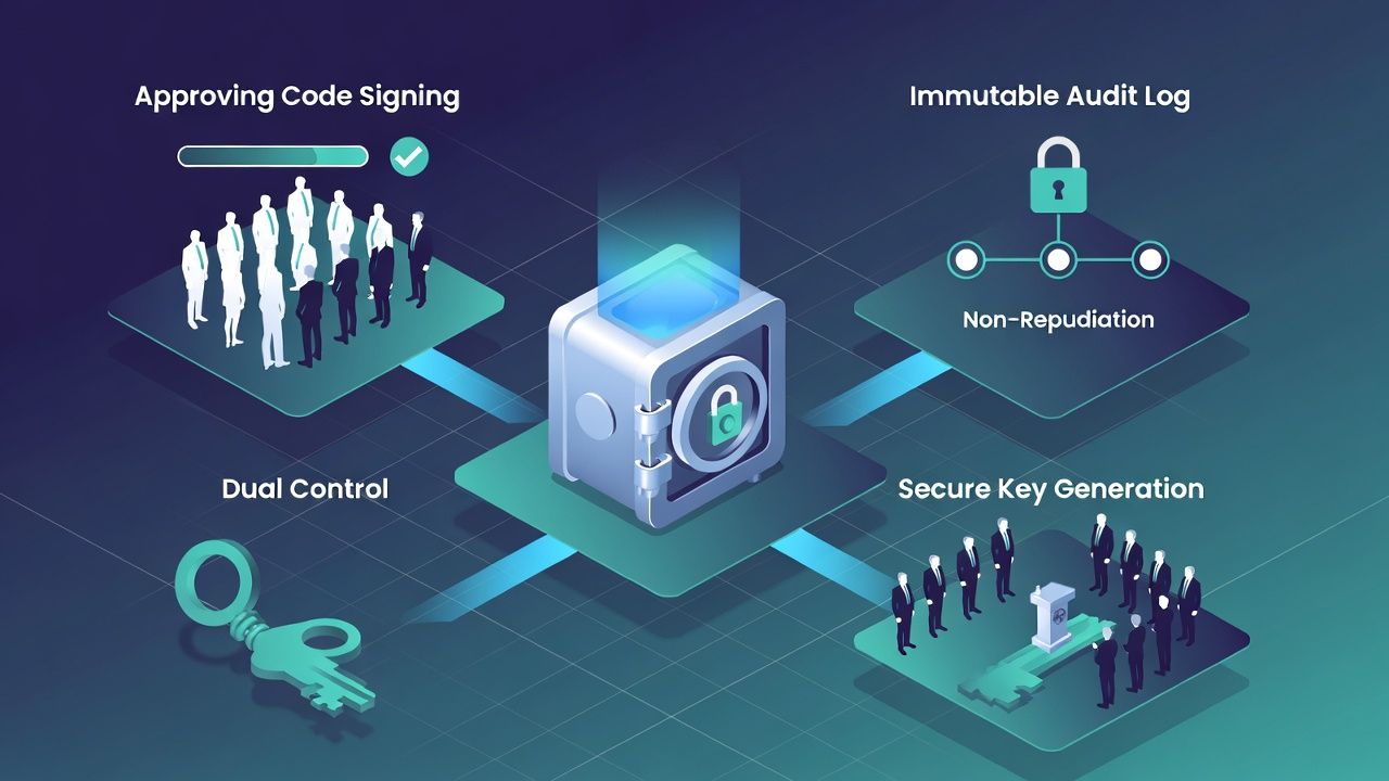High-assurance code signing: protected keys, approval gates, and an audit trail that matches the blast radius of misuse.