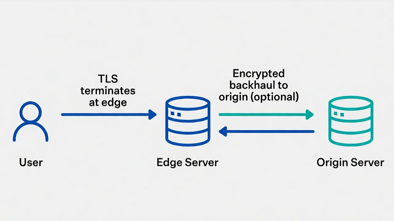Traffic path: browser to edge termination (third-party key custody) to origin—where trust and contracts must follow the data.