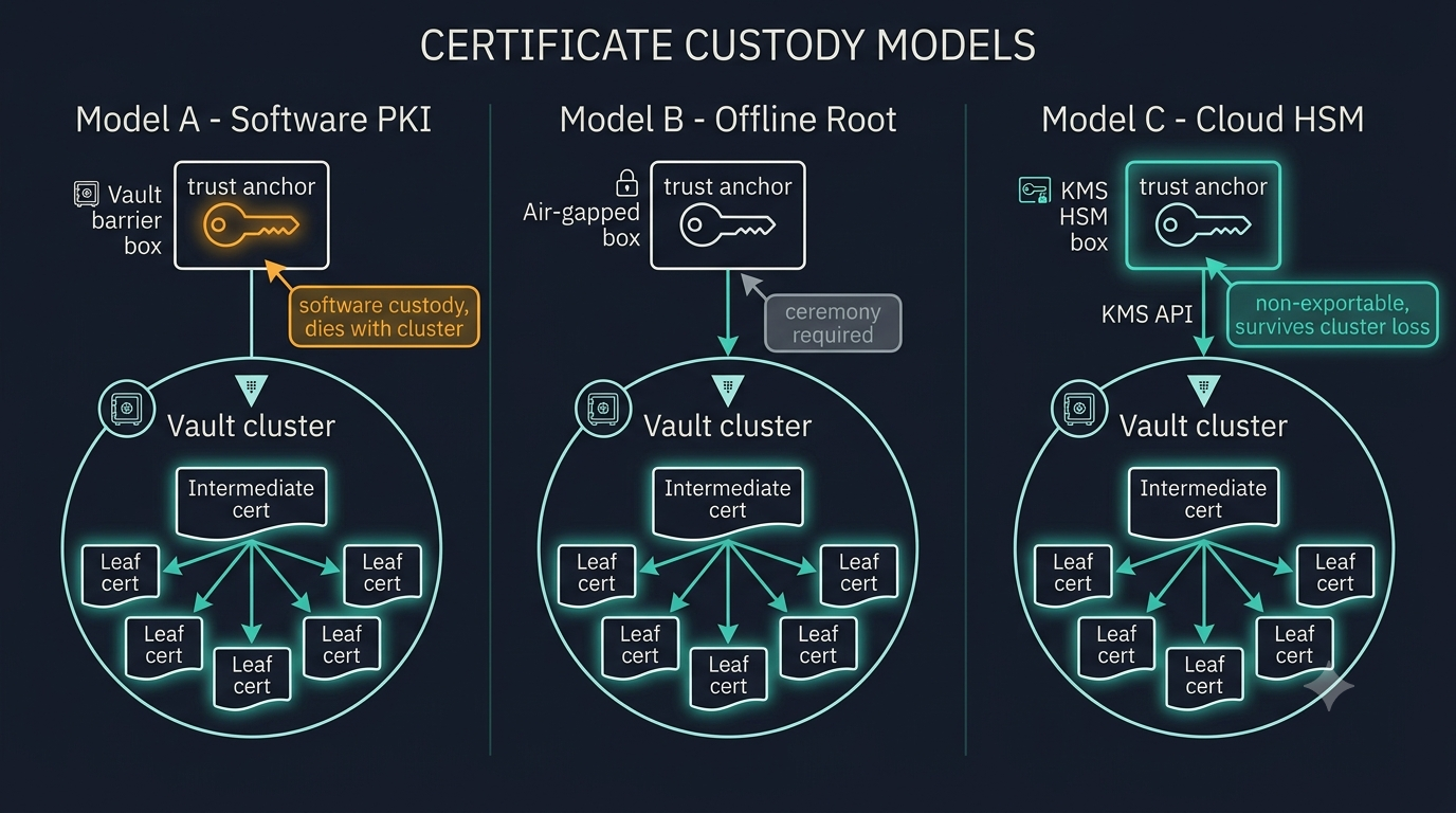 Diagram comparing three Vault PKI root custody models: default in-Vault software storage, offline air-gapped root, and cloud-KMS-anchored root with non-exportable key.