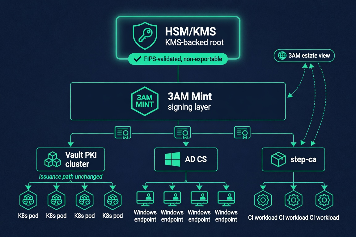 Architecture diagram of a KMS-backed root certificate authority anchoring Vault PKI, Microsoft AD CS, and step-ca as subordinates, with existing issuance paths unchanged.