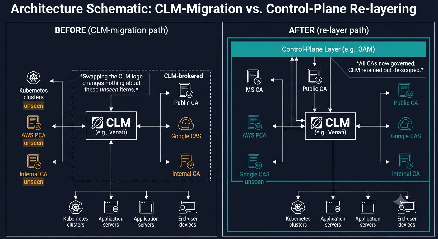 Side-by-side architecture comparison showing that replacing one certificate lifecycle manager with another leaves un-brokered CAs unmanaged, while a multi-CA control plane governs the full estate above existing tooling.
