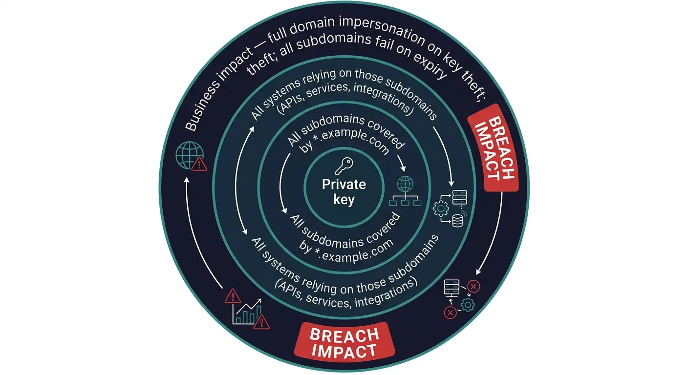 Figure 1. Wildcard certificate blast radius on compromise or expiry. Innermost ring: the private key. Second ring: all subdomains the wildcard covers. Third ring: every system relying on those subdomains (internal services, APIs, third-party integrations). Outer ring: business impact (full domain impersonation possible on key theft; all subdomains fail simultaneously on expiry). Concentric circles in dark navy, rings labeled in white, compromise scenario annotated in red.