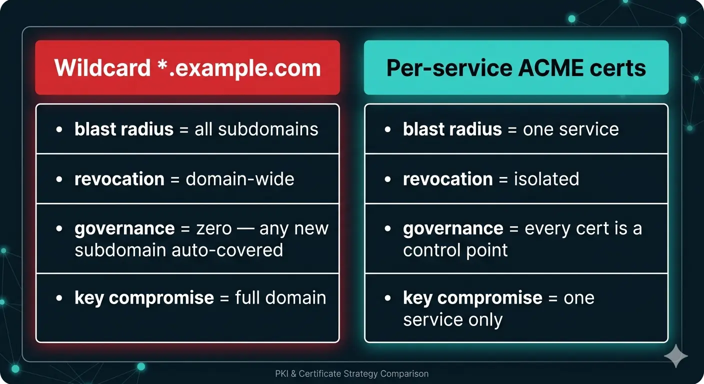 Figure 2. Wildcard vs per-service certificate comparison. Three comparison rows: Blast radius (Wildcard: all subdomains / Per-service: one service); Revocation impact (Wildcard: domain-wide / Per-service: isolated); Governance visibility (Wildcard: none — any subdomain auto-covered / Per-service: every cert is a control point). Color coding: red for wildcard risk, teal for per-service benefit. Dark background, white labels.