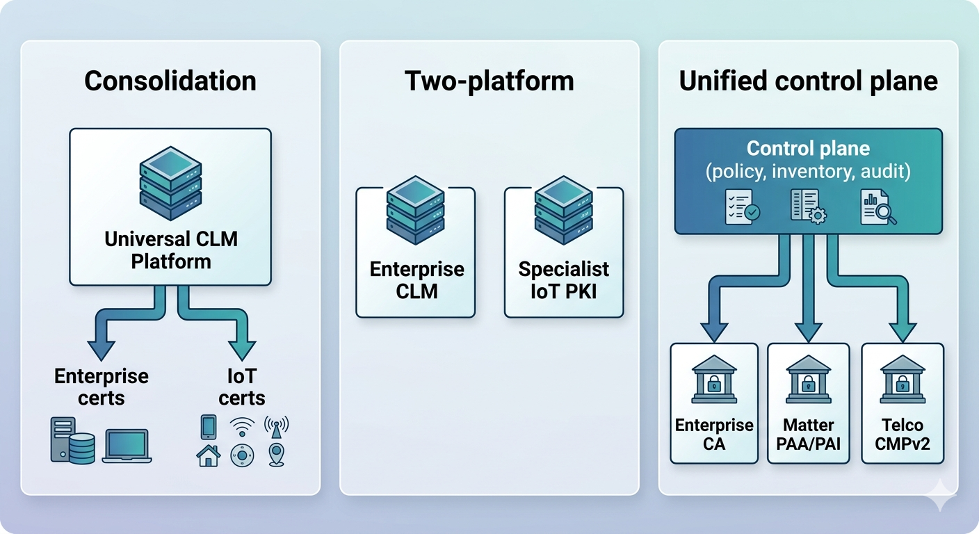 Three side-by-side architecture diagrams: consolidation (one platform issuing to enterprise and IoT), two-platform (enterprise CLM plus specialist IoT PKI, disconnected), and unified control plane (multiple CAs with a shared policy and audit layer above them).