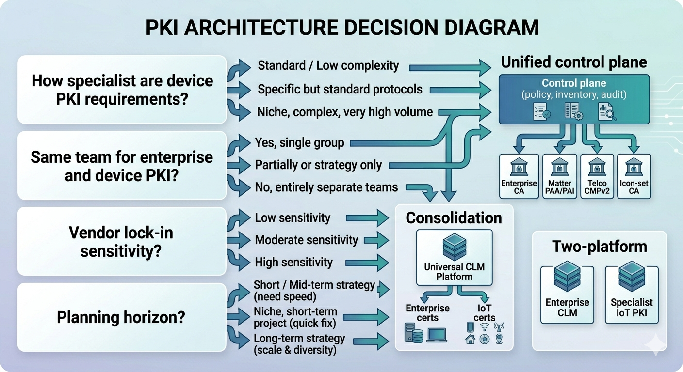 Four-question decision framework mapped onto the three architectures: device specialisation, team structure, vendor lock-in sensitivity, and planning horizon — each question's answers pointing to consolidation, two-platform, or unified control plane.