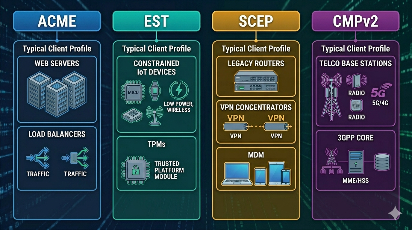 Four vertical lanes comparing enrollment protocols: ACME for enterprise web TLS, EST for constrained devices, SCEP for legacy enterprise gear, and CMPv2 for telco and 3GPP networks — each lane annotated with typical deployment environment.